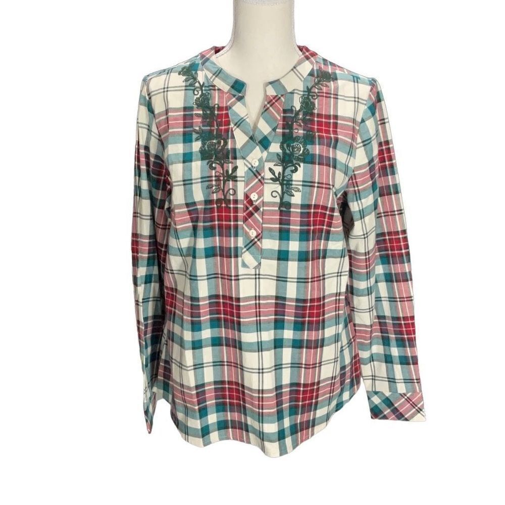 denim & co. Red Green Plaid Henley Flannel Embroidered Long Sleeve Top Size S